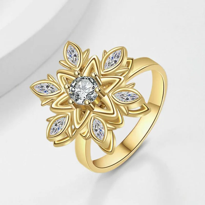 Rotatable New Snowflake Ring Women's Zircon Rings Korean Version European and American Fashion Finger Jewelry KOFSAC