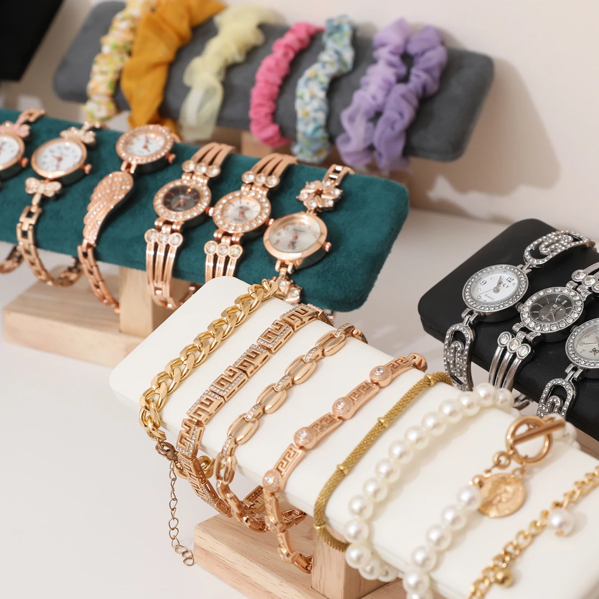 1 قطعة قاعدة خشبية T-شكل بولي Leather الجلود/الخملية سوار رف شاشة الإسورة ساعة هيرباند مجوهرات تخزين حامل حامل المنظم