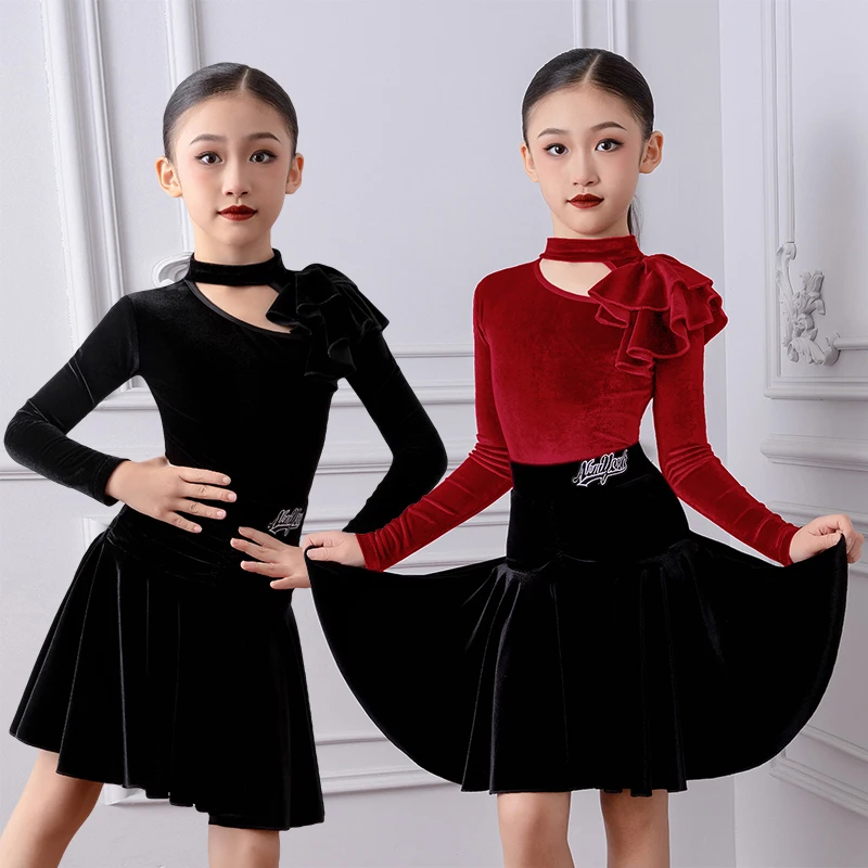 

Autumn Winter Girls Latin Dance Practice Clothes Children's Performance Competitions Long Sleeve Velvet Pendulum Skirt Sets