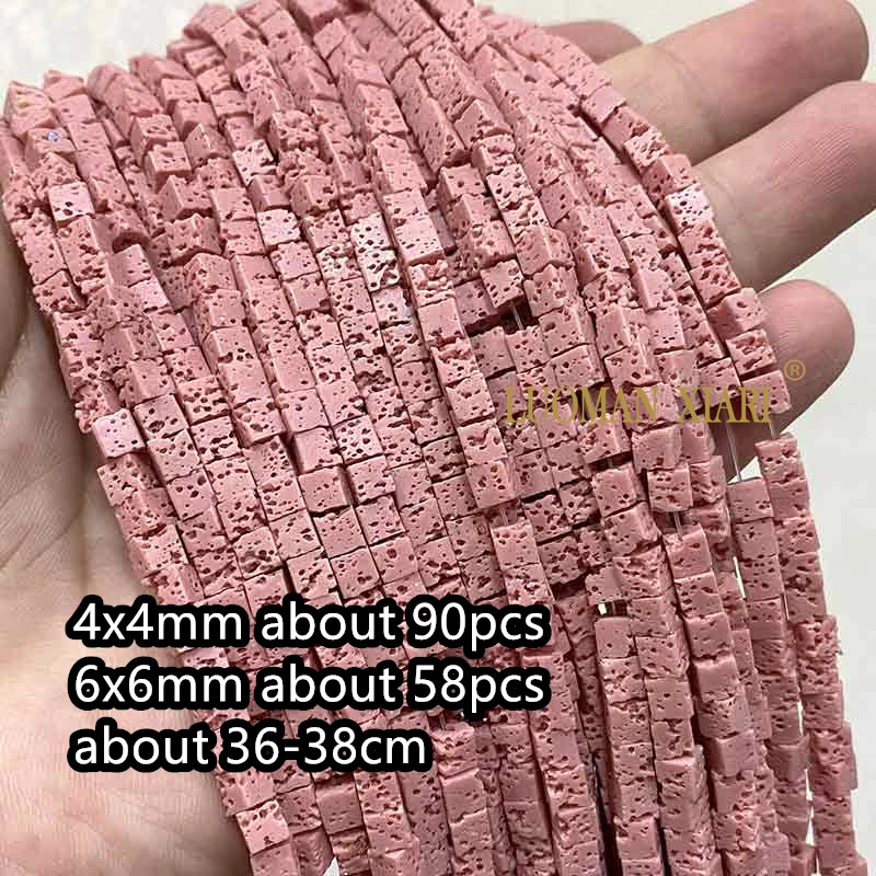 4X4Mm 6X6Mm Kubus Vulkanische Lava Natuursteen Roze Zwart Groen Vierkant Spacer Kralen Voor Sieraden Maken Diy Armband Accessoires