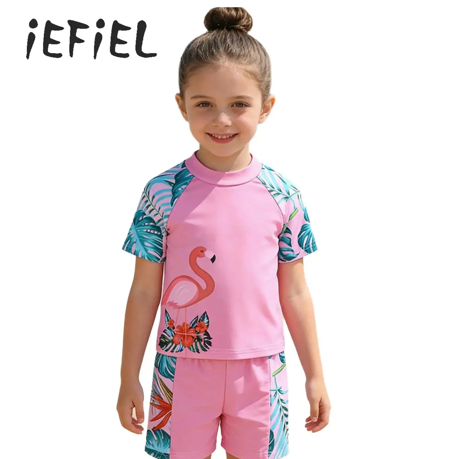 

Little Girls 2 Pieces Casual Print Swimsuit Outfit Short Sleeve Top And Elastic Waistband Shorts Swimming Suit Surfing Beachwear