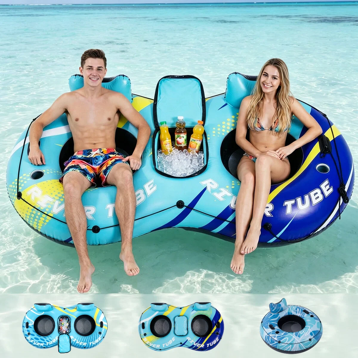 Inflatable River Tubes, Heavy Duty River Raft with Cooler & 2 Cup Holders, Deluxe Pool Float for Lake, Beach, Summer Relaxation