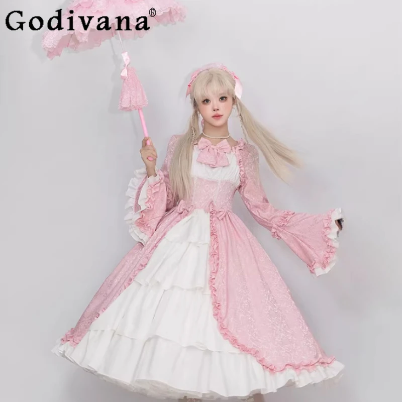 

Large Size European Gothic Lolita Retro Princess Court Dress Fashion High Waist A-line Personality Dark Flare Sleeve Dresses