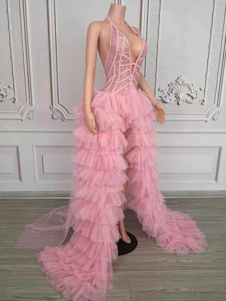 Hochwertige Heißprägung, sexy Hals hängendes Netz-langes Kleid, 2025, neue Mode, individuelle Damenbekleidung