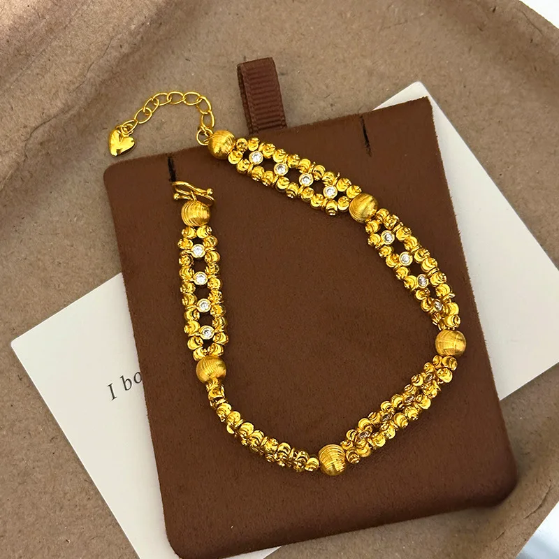 Luxurious 24K real gold sparkling double row diamond bracelet 9999 Solid gold watermelon beads cat eye jewelry gift
