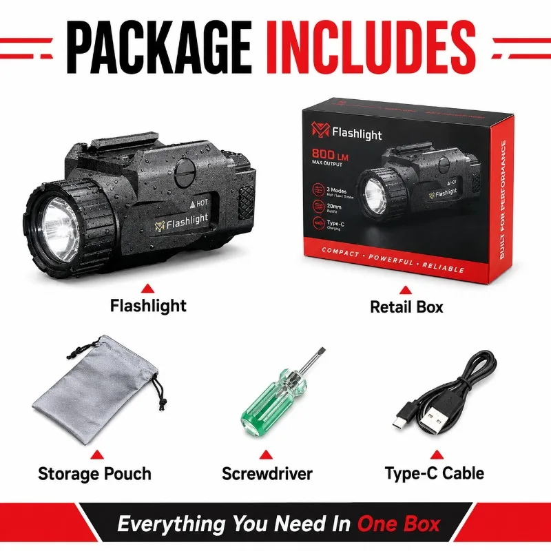 Light‑Weight Portable Under‑mount Flashlight 800 Lumens Red Indicator, Hobby Showcase Ornament for 20mm Rail