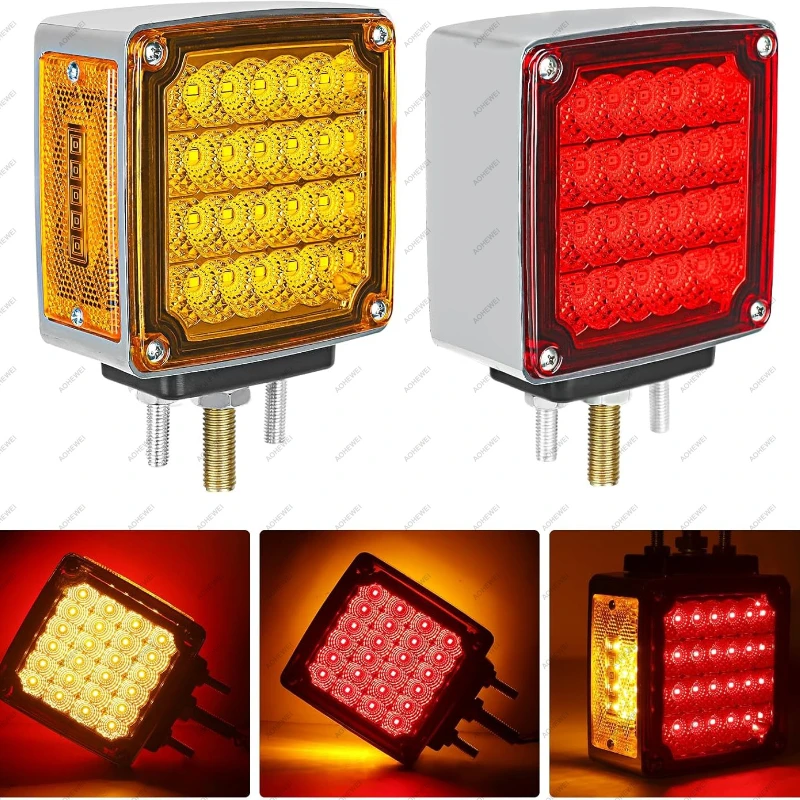 2PCS/set Square Double Face LED Turn Signal Lights Truck Fender Amber/Red Light with 3 Stud Mount IP65 Waterproof for Semi Truck
