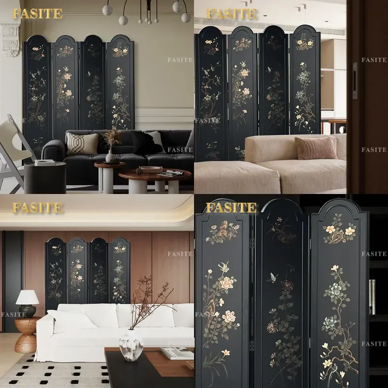 For Home Living Room French Medieval Style Folding Screen Partition Retro Lacquer Painting Hollow Design Mobile