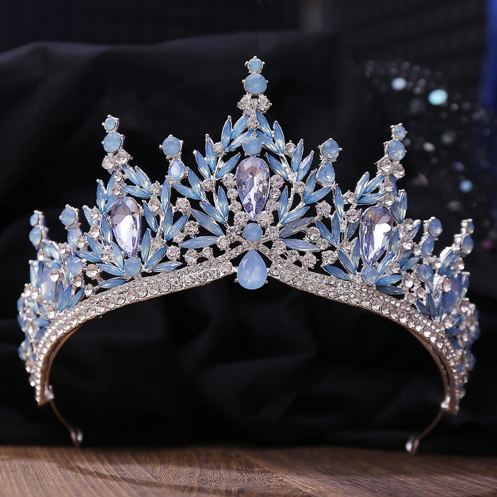 Baroque Luxury Silver Color Green Opal Water Drop Crystal Tiaras For Women Wedding Birthday Party Elegant Crown Hair Accessories