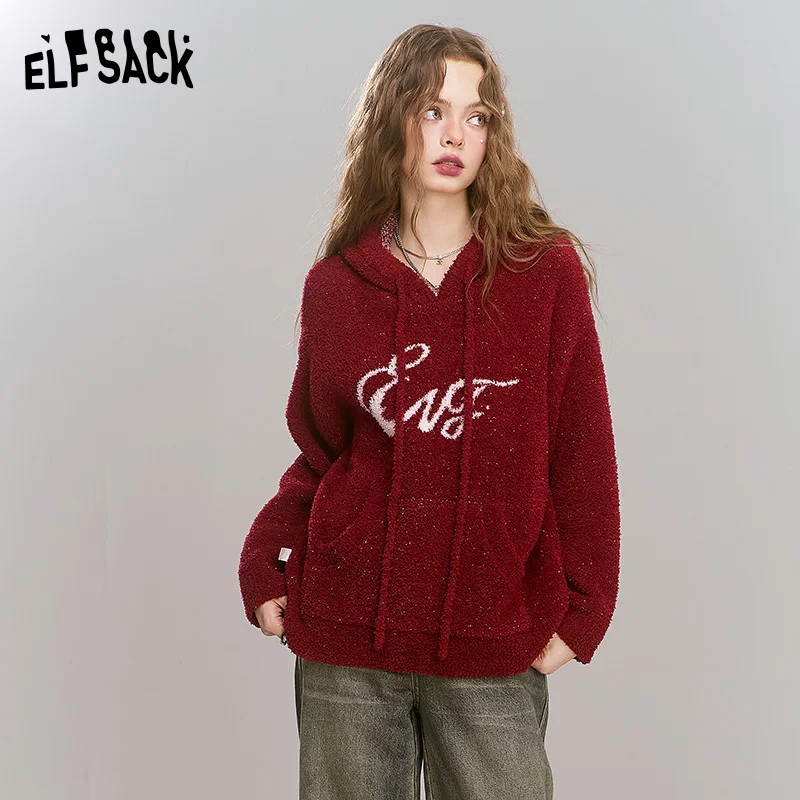 

ELFSACK 2024 Winter New Arrivals Retro Soft Warm Dark Red Letter Hooded Sweater For Women