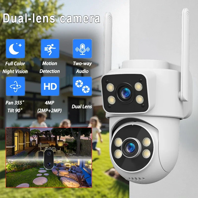 

Уличная камера безопасности с двумя объективами, цветная камера ночного видения, обнаружение движения, двусторонняя аудиосвязь, облачное/SD-держание, IP65, водонепроницаемая