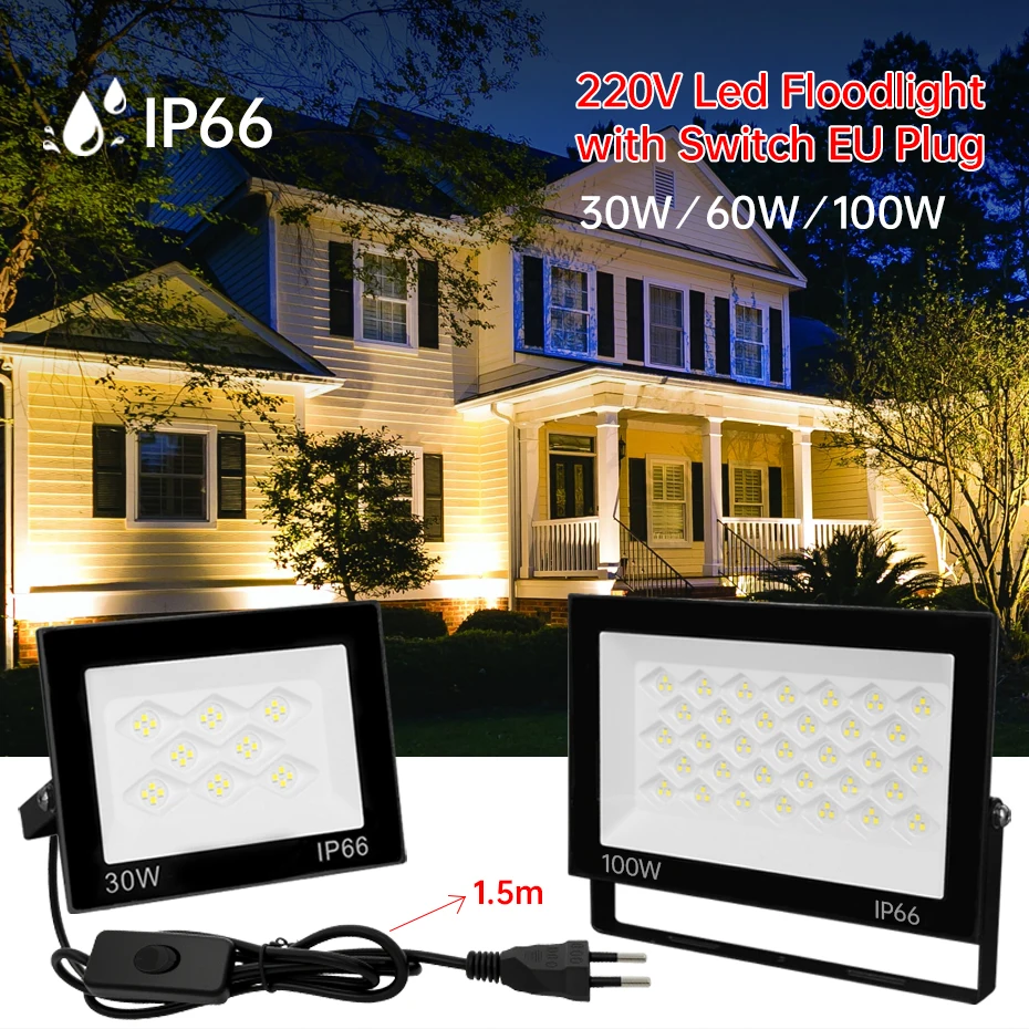 

Водонепроницаемый светодиодный прожектор IP66 220В 30Вт/60Вт/100Вт, уличный светильник с выключателем и вилкой для сада и двора