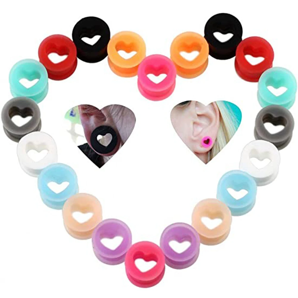 1 Pair Heart Soft Flexible Silicone Ear Plugs Double Flared Expander Flesh Tunnels Body Jewelry 6-20mm Multiple Colors