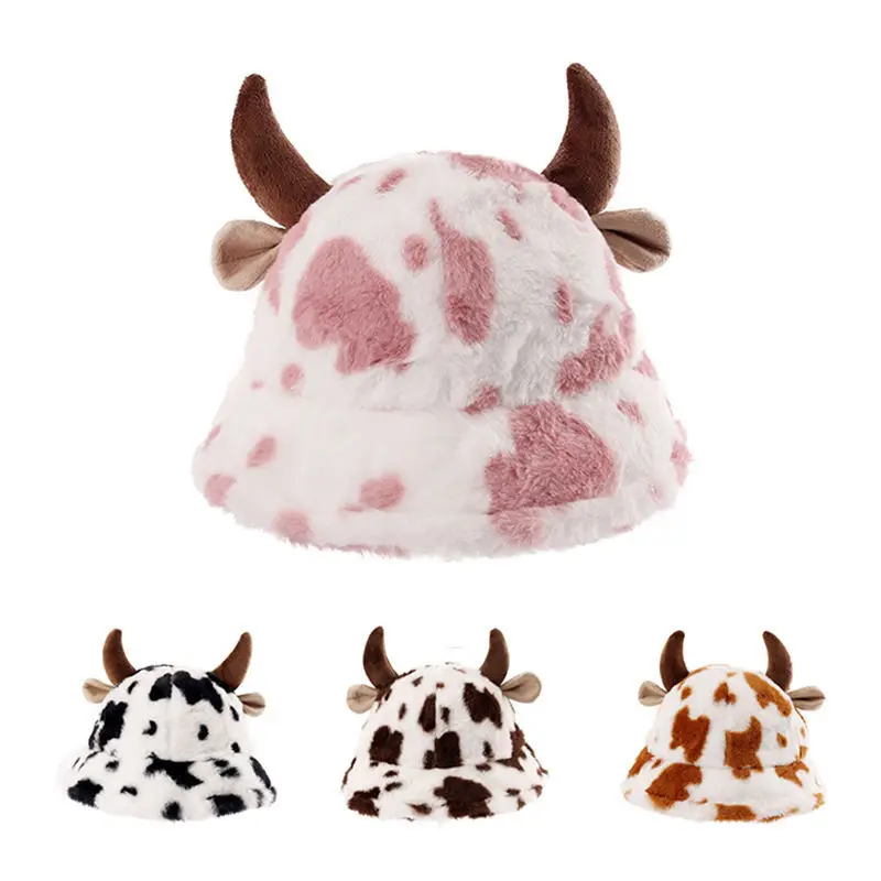 

New Trendy Autumn Winter Cow Print Horn Fisherman Hat Korean Style Fashion Plush Thickened Warm Adult Men And Women Bucket Hats