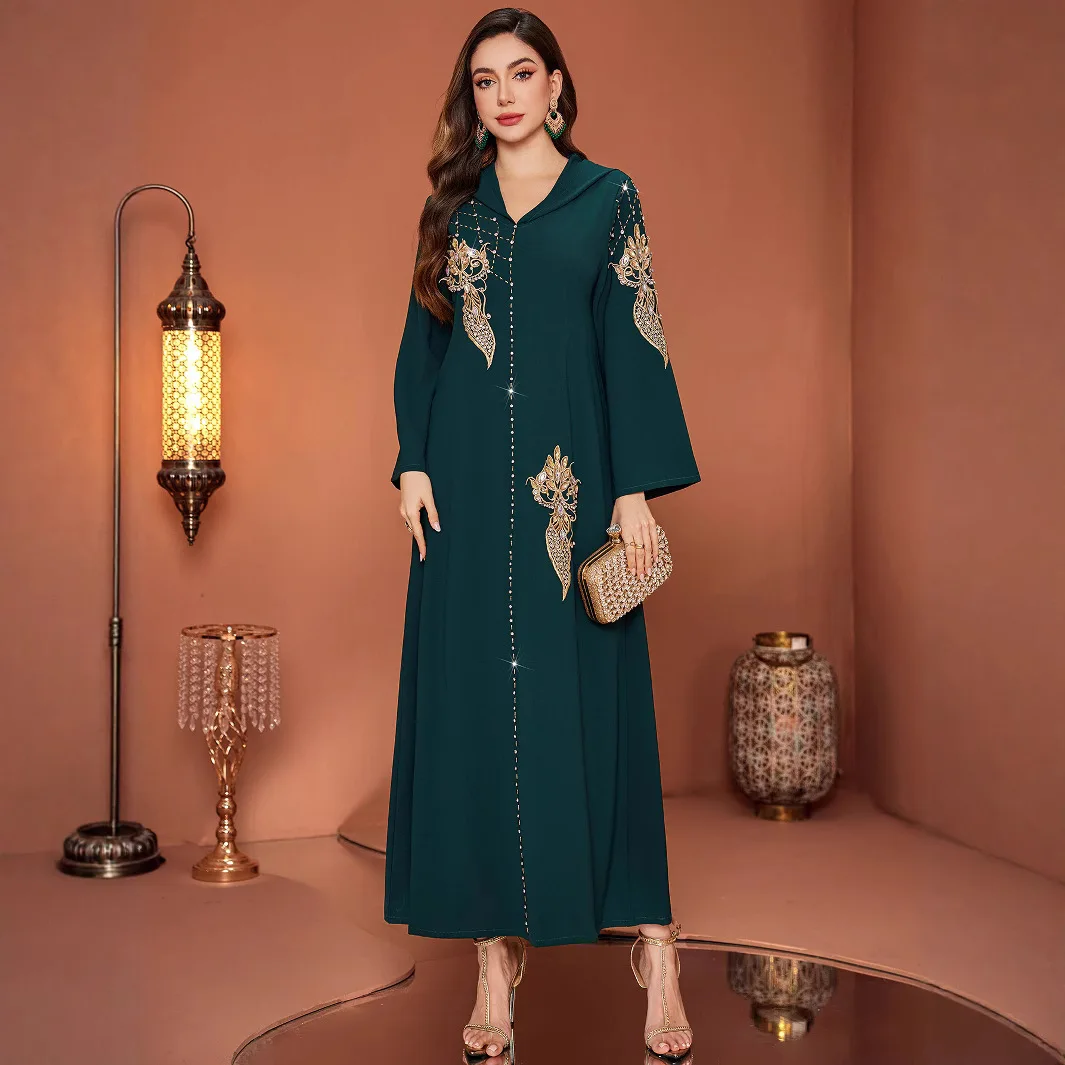 

Eid Muslim Dress Women Abaya Diamond Embroidery Hooded Long Dresses Vestidos Largos Party Caftan Jalabiya Ramadan Long Robe 2025
