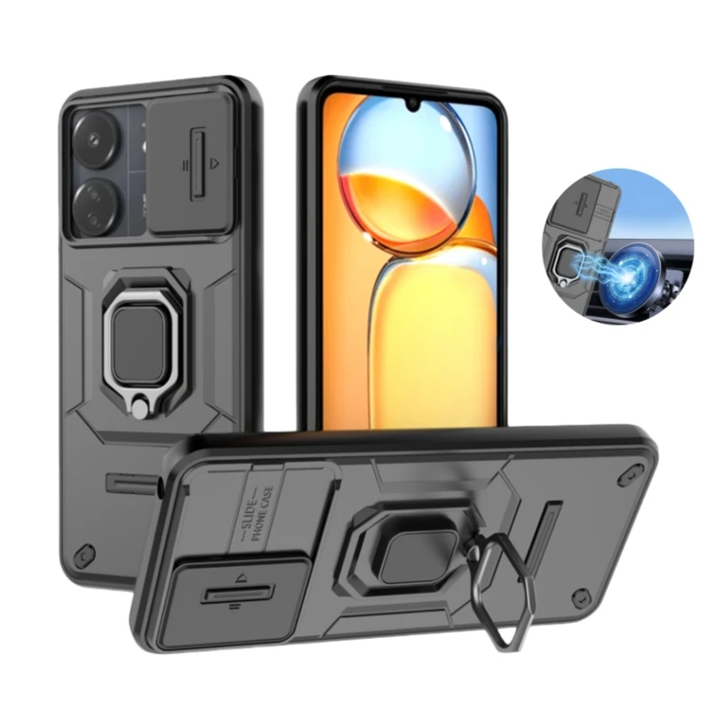 For Xiaomi Redmi 13C Funda Slide Lens Protect Armor Phone Case For Poco C65 PocoC65 C 65 Magnetic Ring Stand Cover Redmi13C 13 C