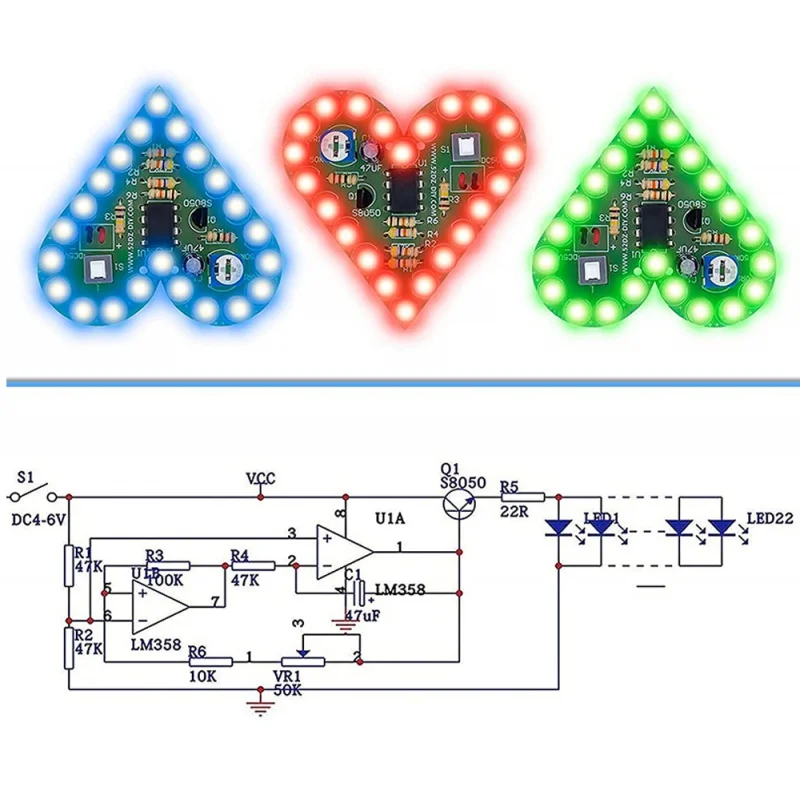Heart Shaped Respiratory Lamps Set, LED Red, White, Green, Electronic Production for 39; DIY learning DC 4V-6V