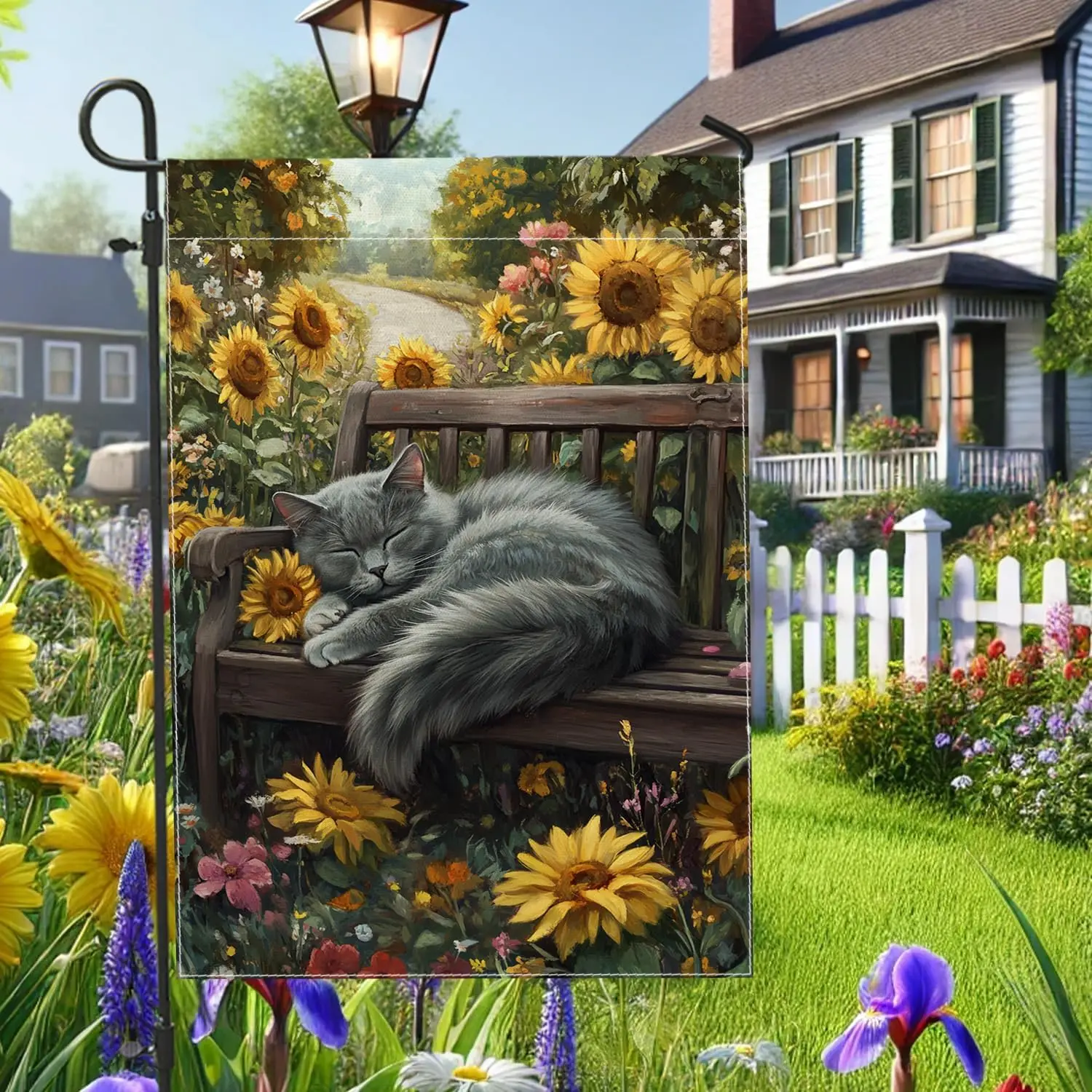Summer Gray Cat Garden Flag, Cozy Cat on a Bench with Sunflowers Outdoor Decor, Double Sided Burlap Greeting Banner for Lawn PPZ