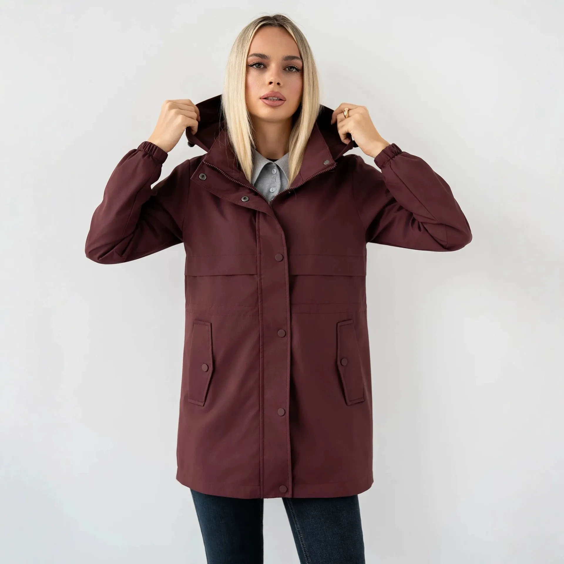 Casual Hooded Coat with Regular Fit Elegant Commuter Chic Seam Medium Weight Spring Zipper Closure Mid Long Length Women Jacket