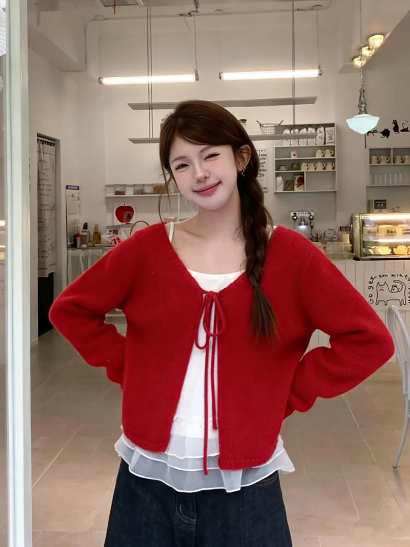 

Red New Year Knot Knitted Open Cardigan White Strap Vest Two-Piece Set Women's Faion Korean Sle Slim Fit Long S...