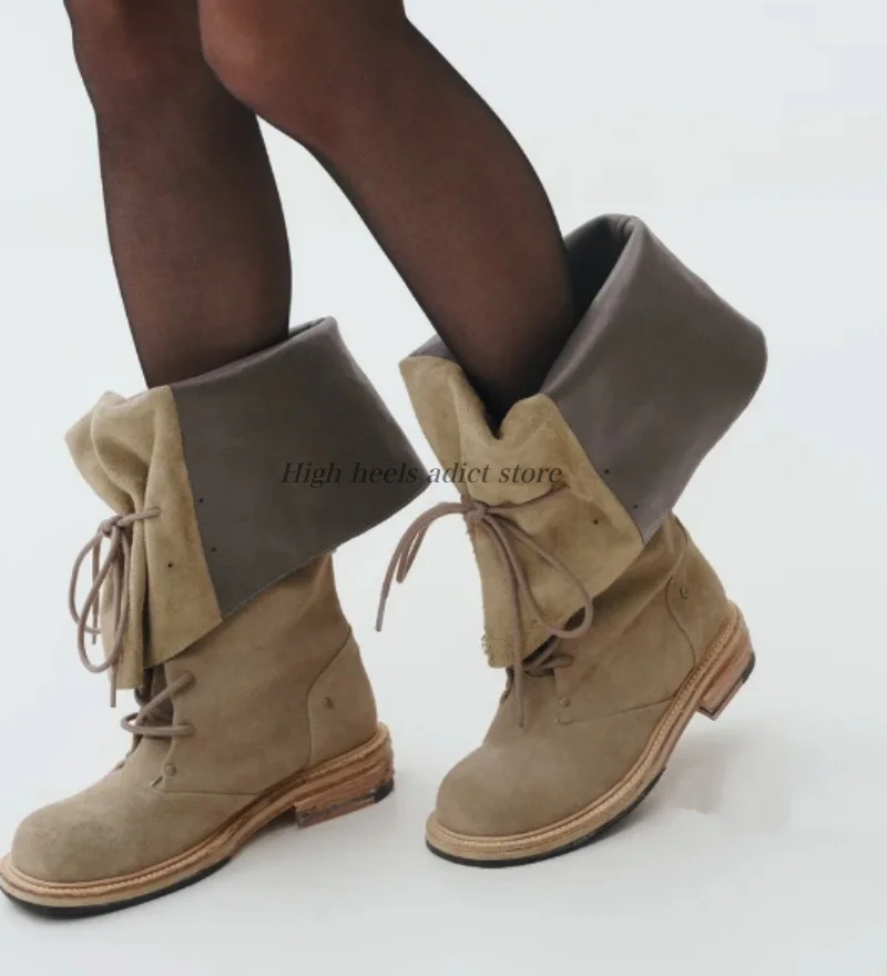 Vintage round toe lace up flod mid calf boots leather black/Khaki flats strappy causal dress booties luxury designer soft shoes