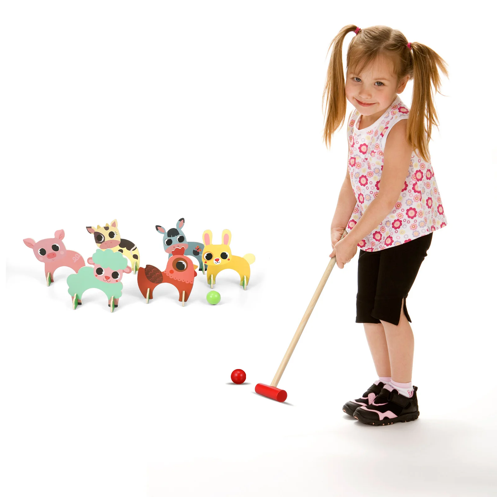 1Set Cute Animal Croquet Kit for Children Wood Animal-Themed Croquet Game Mini Indoor Outdoor Set with Balls Mallets Beginner