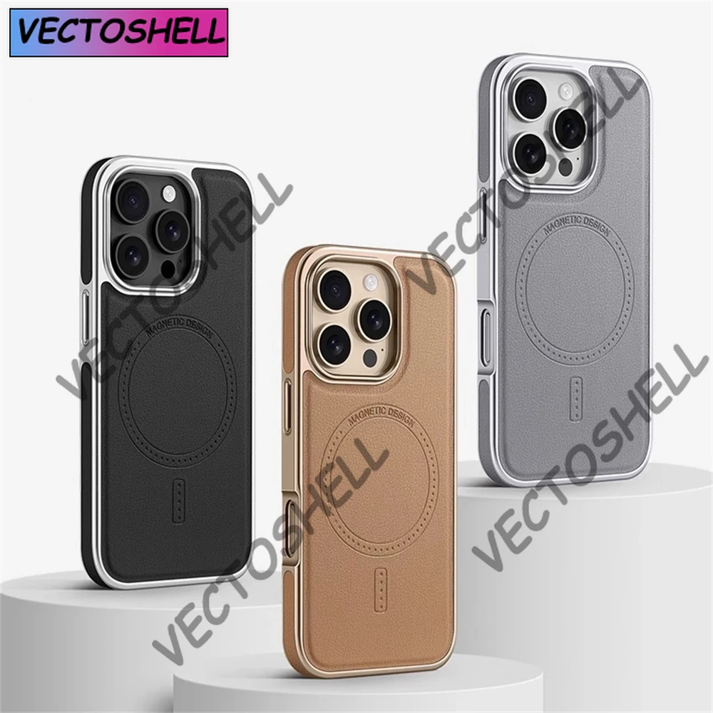 Casing Kulit Bingkai Lembut Berlapis Bisnis Mewah untuk iPhone 16 13 14 15 Pro Max Magsafe Penutup Tahan Benturan Pengisi Daya Nirkabel Magnetik