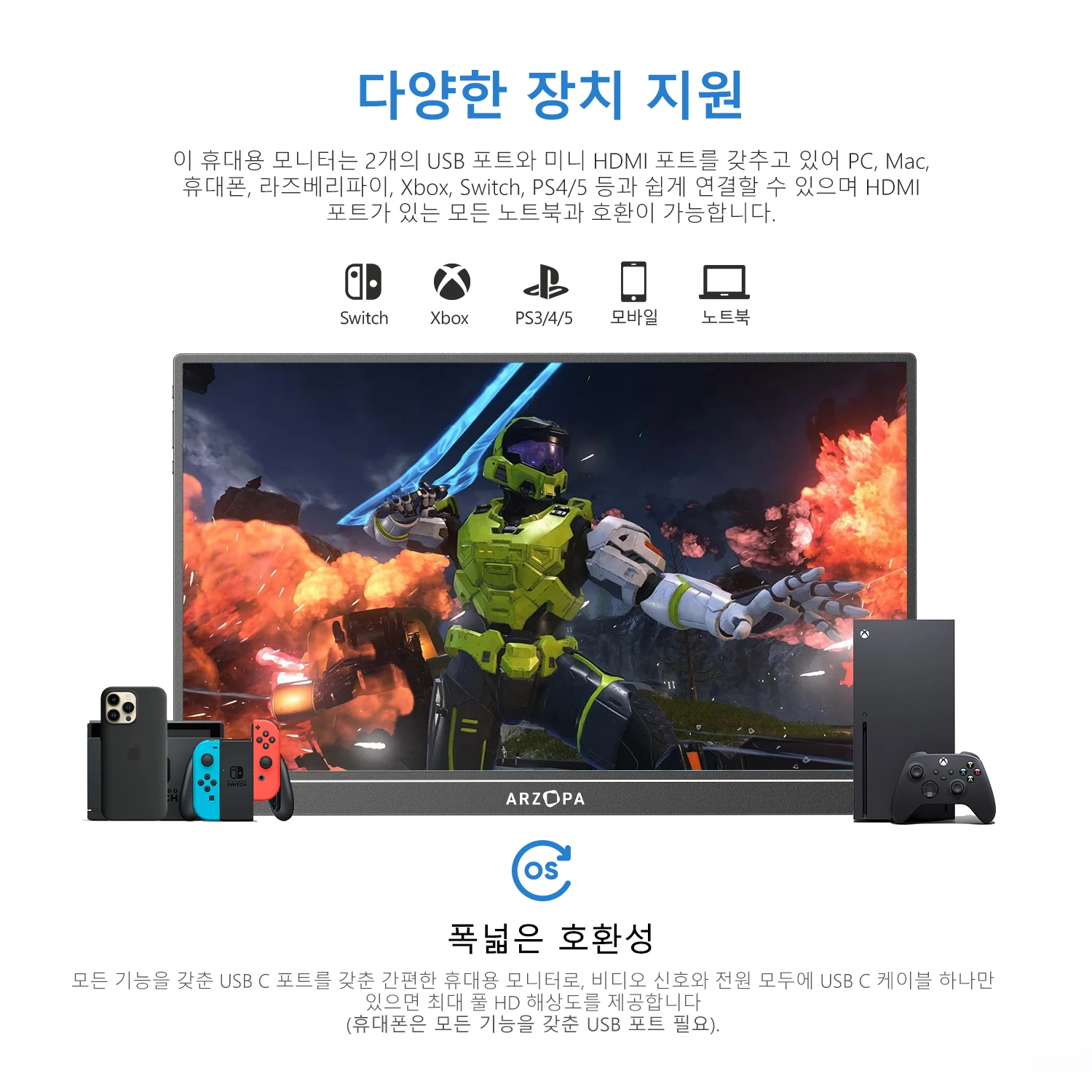 ARZOPA 휴대용 모니터, 15.6 인치, FHD 1080P IPS USB-C, 미니 HDMI 외장 두 번째 화면, 맥 노트북 PC 스위치 Xbox PS4/5 Xbox용