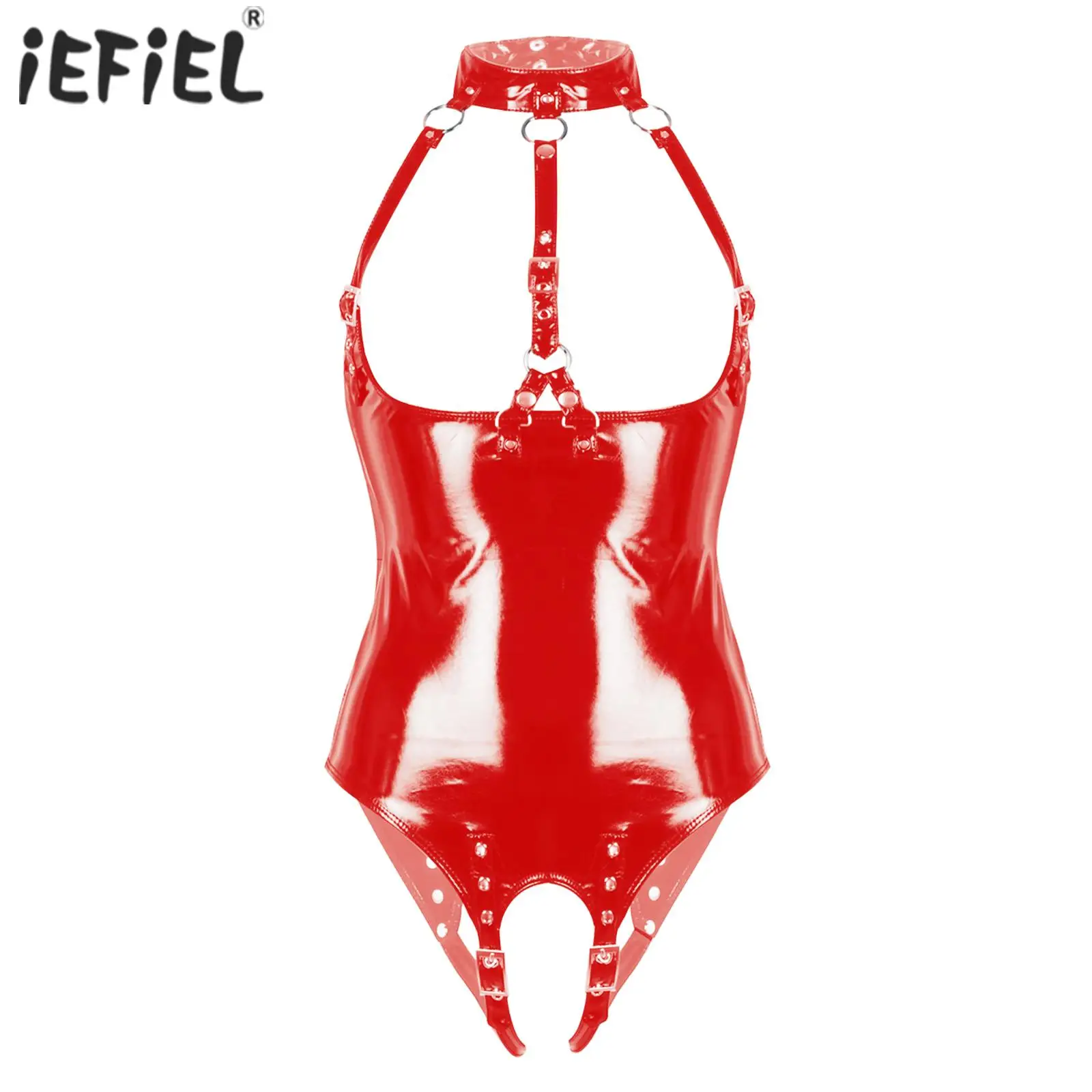 Women Latex Lingerie Teddy Bodysuit Club Dance Party Pornor Erotic Costume Wetlook Patent Leather Open Cup Crotch Open Leotard