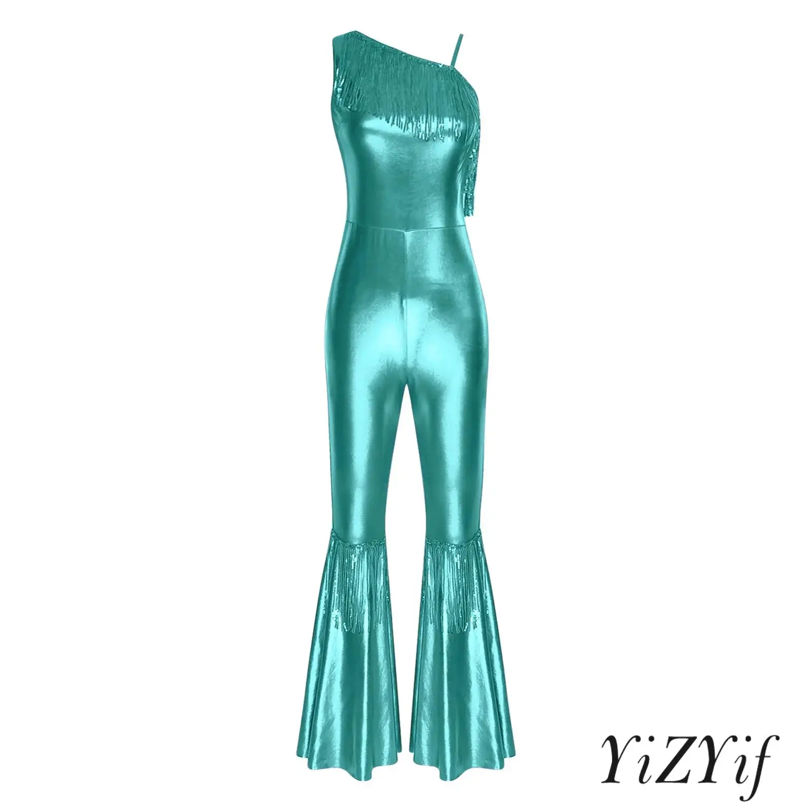 

Womens Vintage 70s 80s Disco Dance Jumpsuit Sequin Tassel One Shoulder Sleeveless Bell Bottom Long Pants Metallic Shiny Rompers