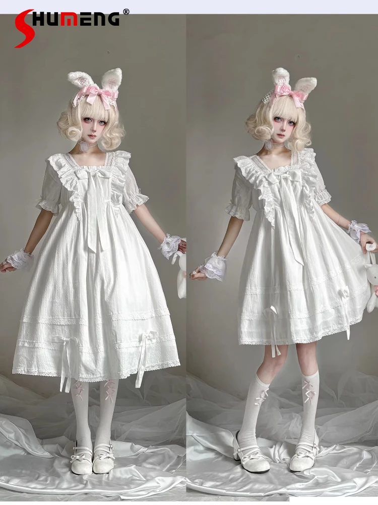 

Original Japanese Elegant Princess Style Lace Bow White Sleeping Dresses Square Neck Short Sleeve Sweet Cute Lolita Dress Women