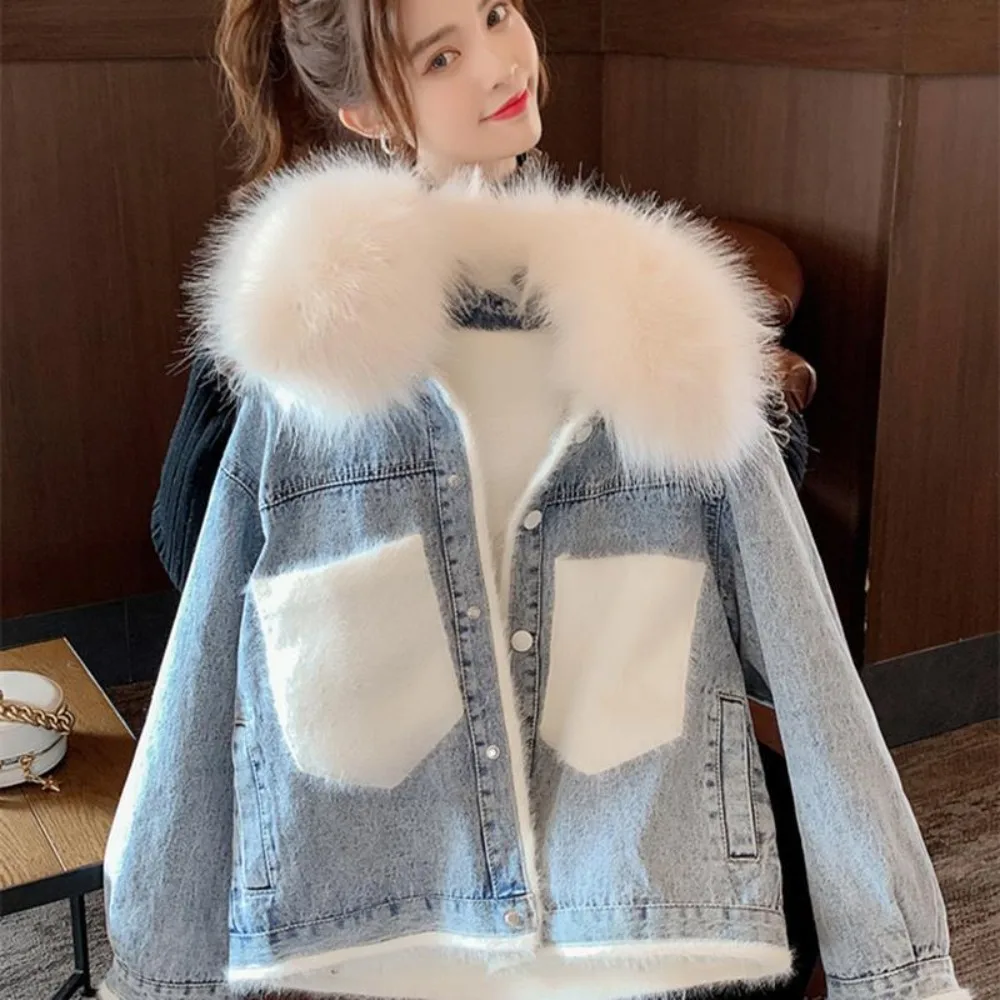 Female Jeans Coats Wool Inside Padded Winter 2025 for Cold Pink Women\'s Denim Jackets Warm with Fur Plush Youthful Woman Clothes