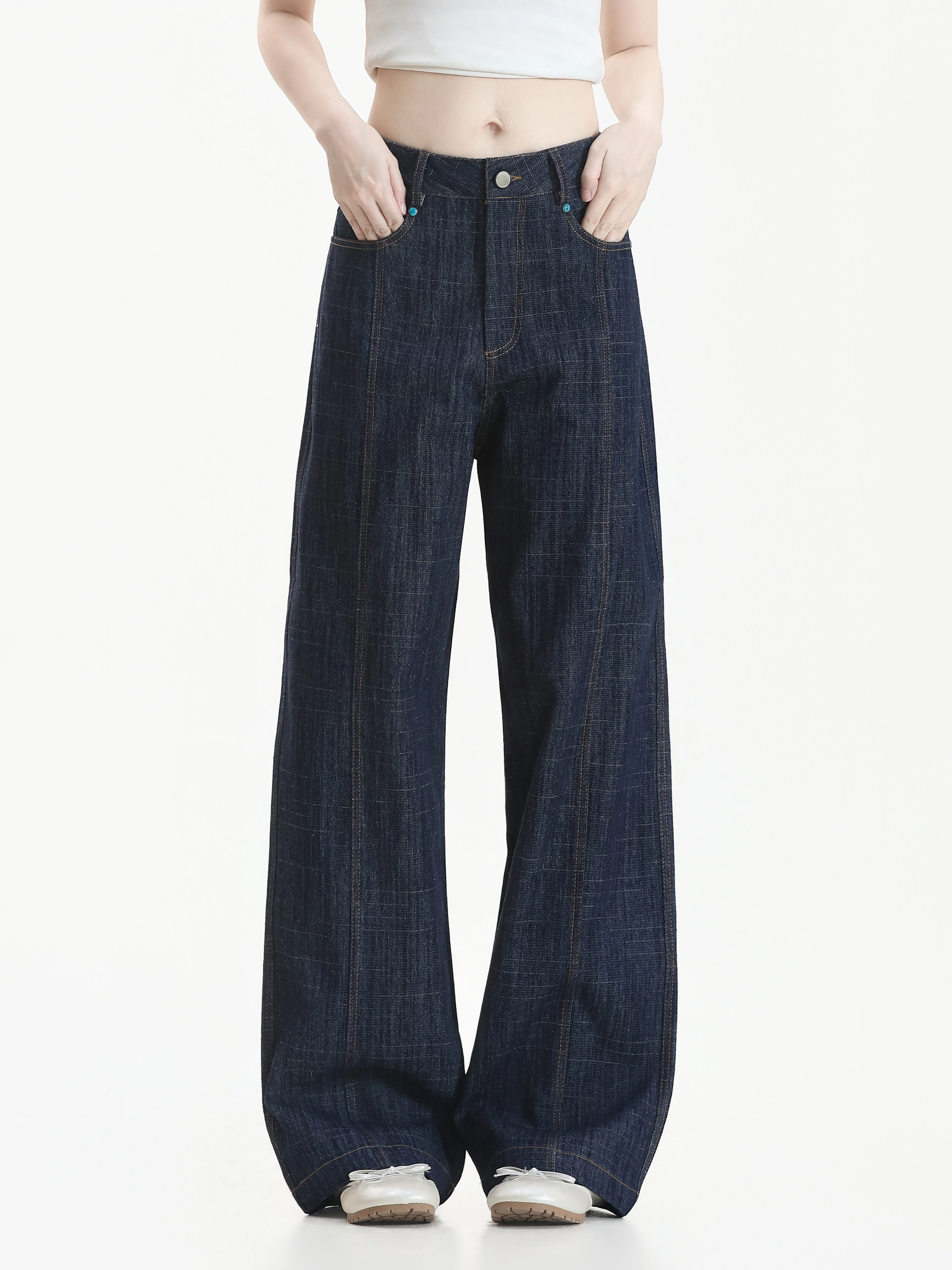 American Style Loose Straight Leg Denim Jeans Plaid Wide Leg Slimming Floor-Length Pants Women's Casual High Waist Trousers