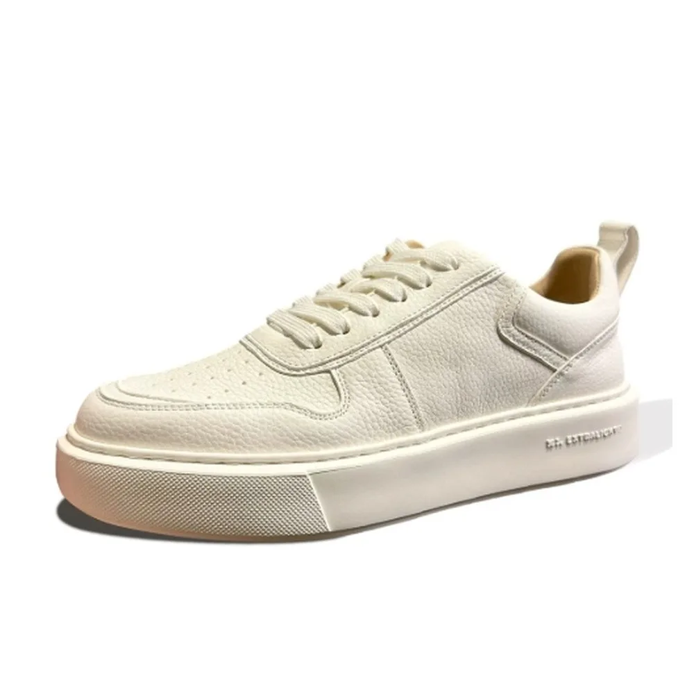Men's White Leather Casual Sneakers, Lace‑up Thick Platform Sole, Breathable Upper, Daily Walking Skate Shoes