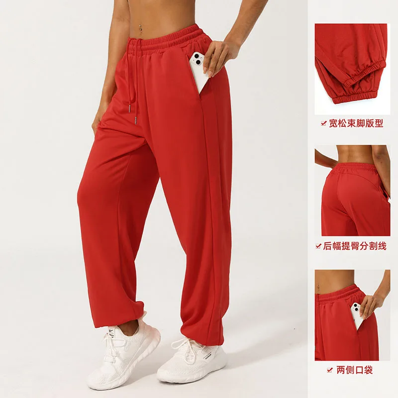 Neue hoch taillierte Sport-Jogging hose für Frauen mit hoher Taille, lockere Freizeit hose mit geradem Bein und vielseitige Taschen für Außen bekleidung