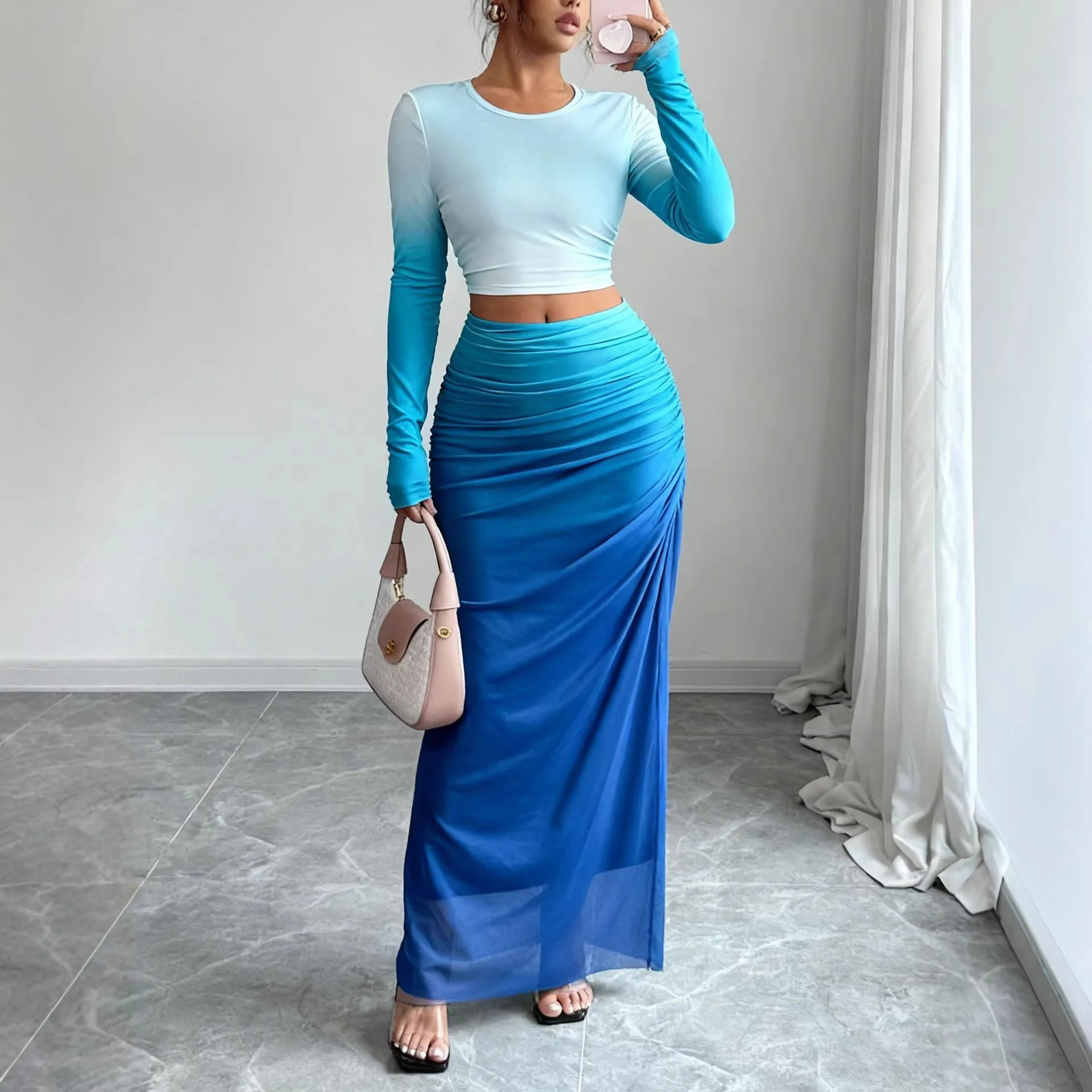 Women's Retro Elegant Slimming Fashion Blue White Gradient Print Belted Mesh Set Summer Casual Sportswear Korean Style