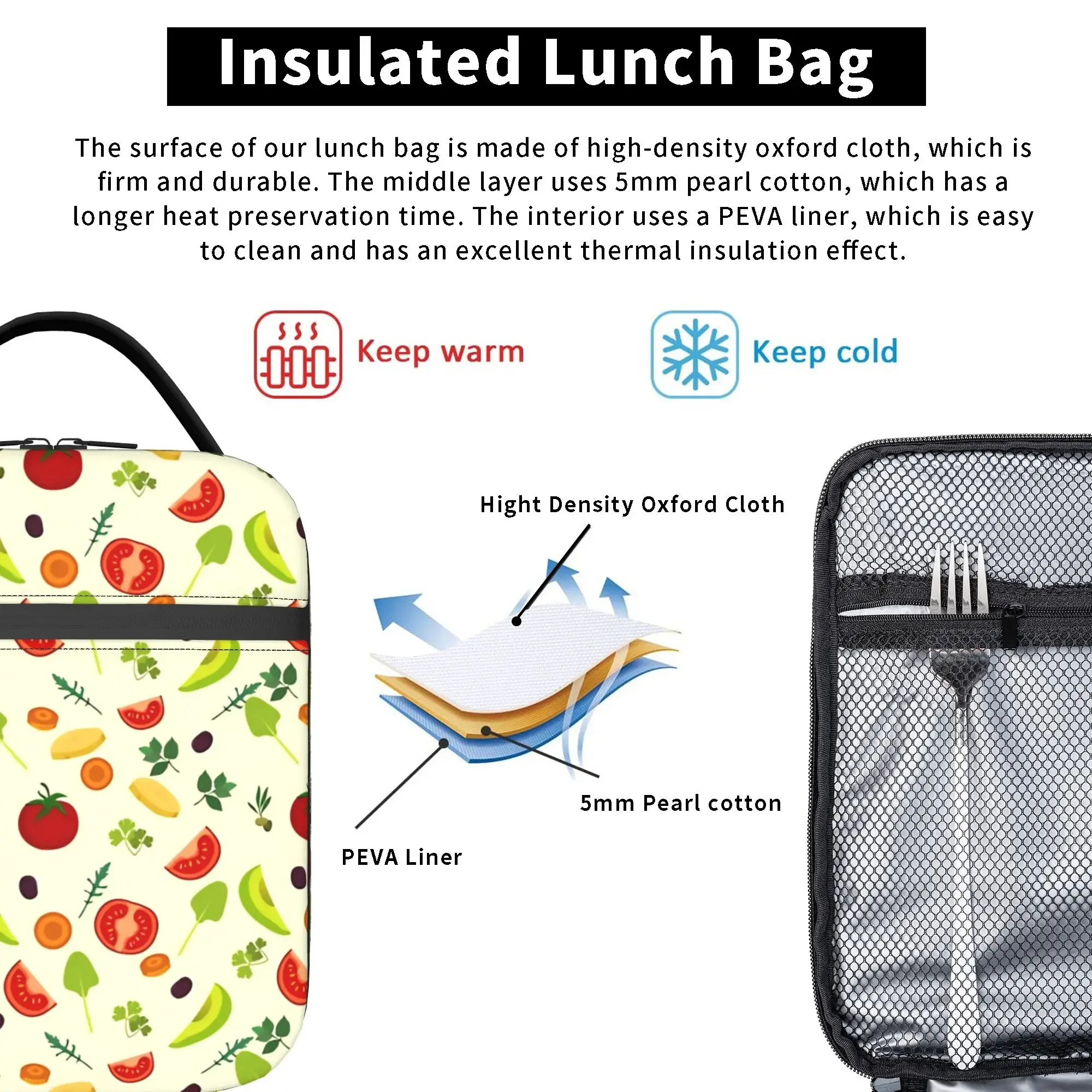Colorful Vegetable Insulated Lunch Bags Large Tomato Style Reusable Cooler Bag Tote Lunch Box College  Outdoor Food Handbags