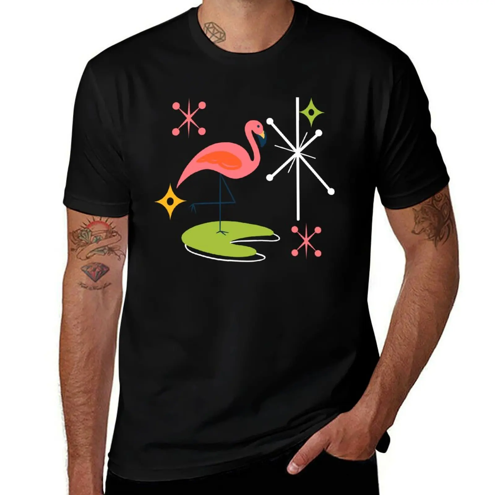 

Mid-Century Modern Pink Flamingo with Retro Icons Repeating Pattern T-Shirt cheap stuff football t shirt mens workout shirts