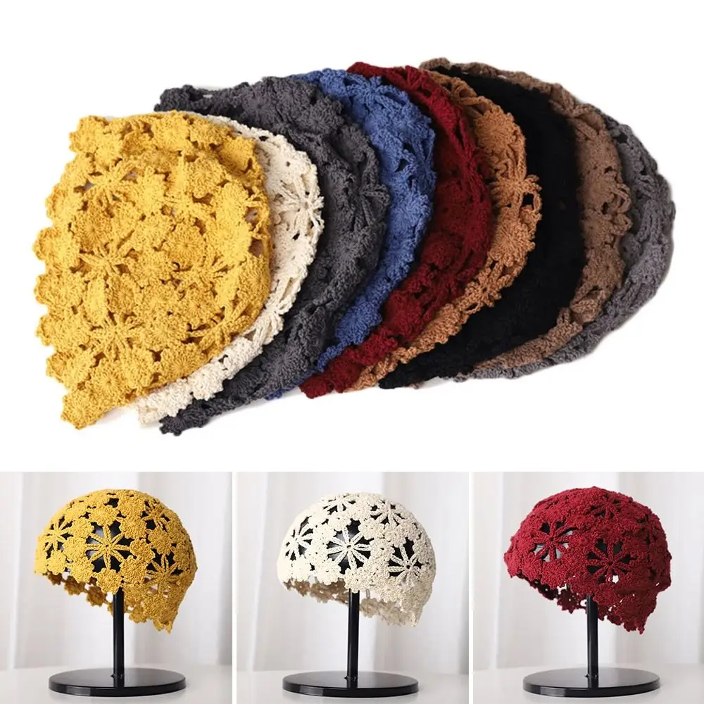 

Breathable Hollowed Out Knitted Hat Flowers Summer Beret Cap Casual Fashion Skullies Hat for Women