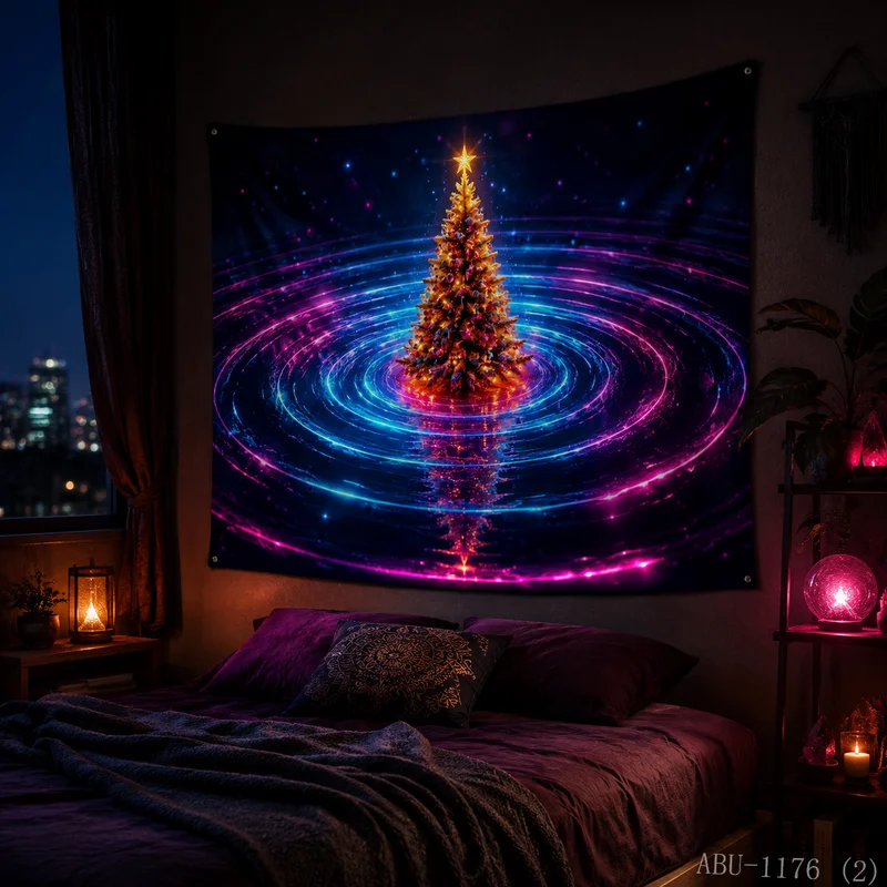 VIKAMA Neon Ring Light Effect Starry Sky Christmas Tree Mirror Christmas Tapestry HD Background Wall Room Decoration