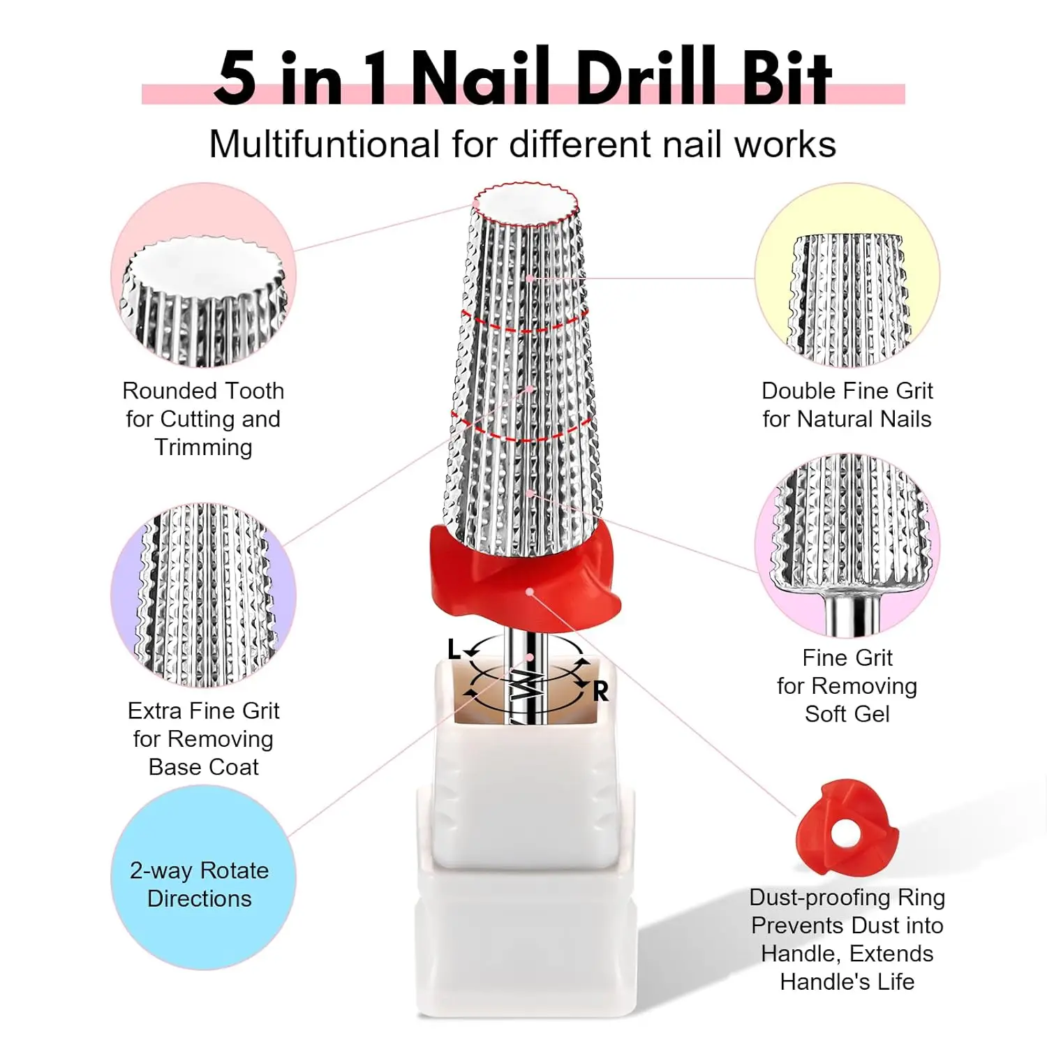 Punte da trapano per unghie 5 in 1 Punte da trapano coniche in carburo con gambo da 3/32 "per unghie Rimozione rapida di gel rigide per unghie acriliche