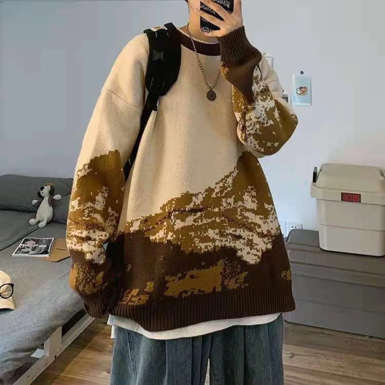 Knit Sweater Men Oversized Pull Homme Male Knitted Sweater Pullover Jumper Harajuku Casual Streetwear Print Men Sweaters