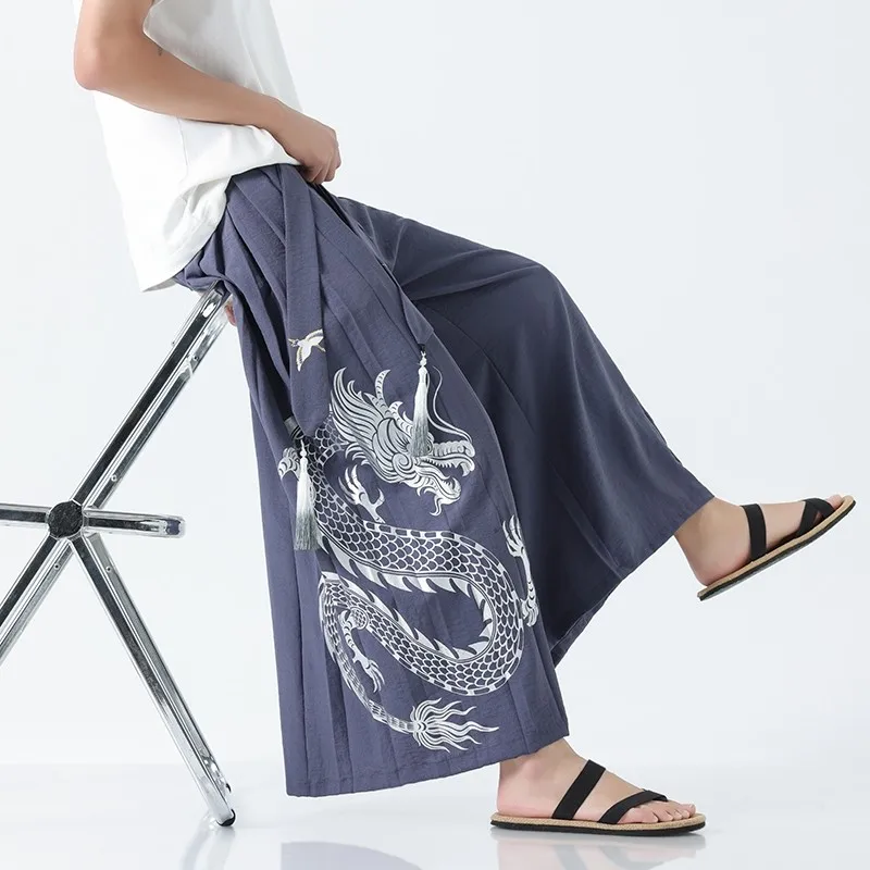 Dragon Pattern Wide Man Pants Work Wear Japanese Baggy Pants Men Streetwear Clothing Men's Wide Pants Ice Silk 2024 Autumn New