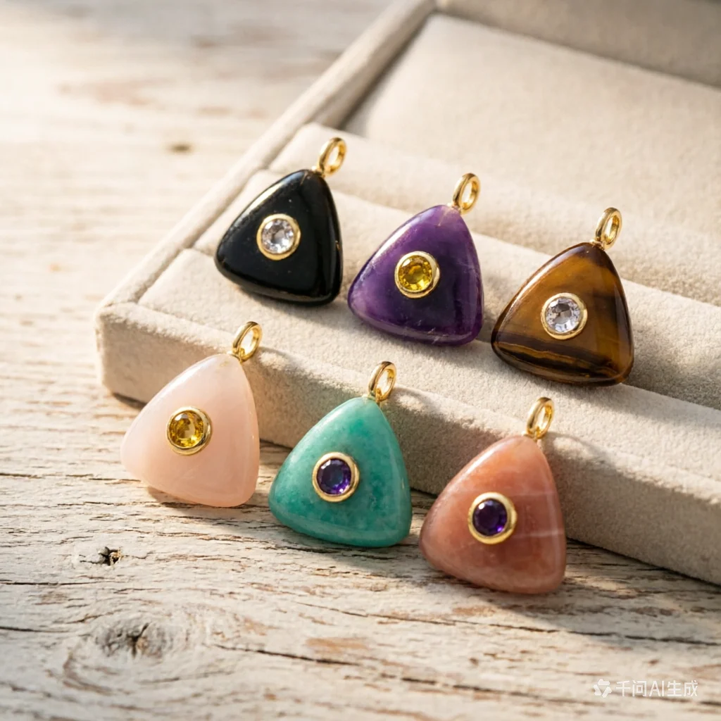 WT-P2021 High Quality Lovely Triangle Rose Quartz Natural Gemstones And Zircon Pendants For Necklace Decoration Charms
