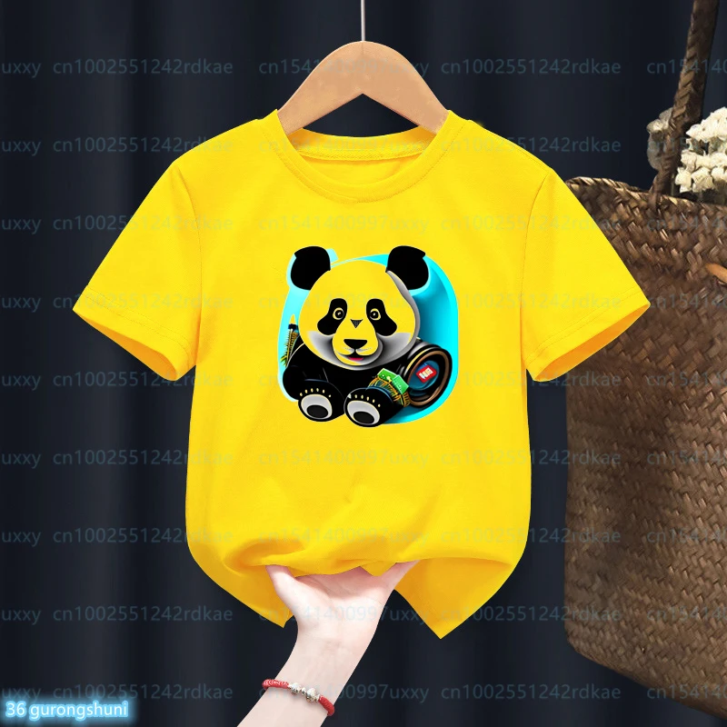 

New Children'S Tshirt Funny Panda Samurai Cartoon Print Boys T-Shirt Cute Toddler T-Shirt Fashion Yellow Shirt Tops wholesale