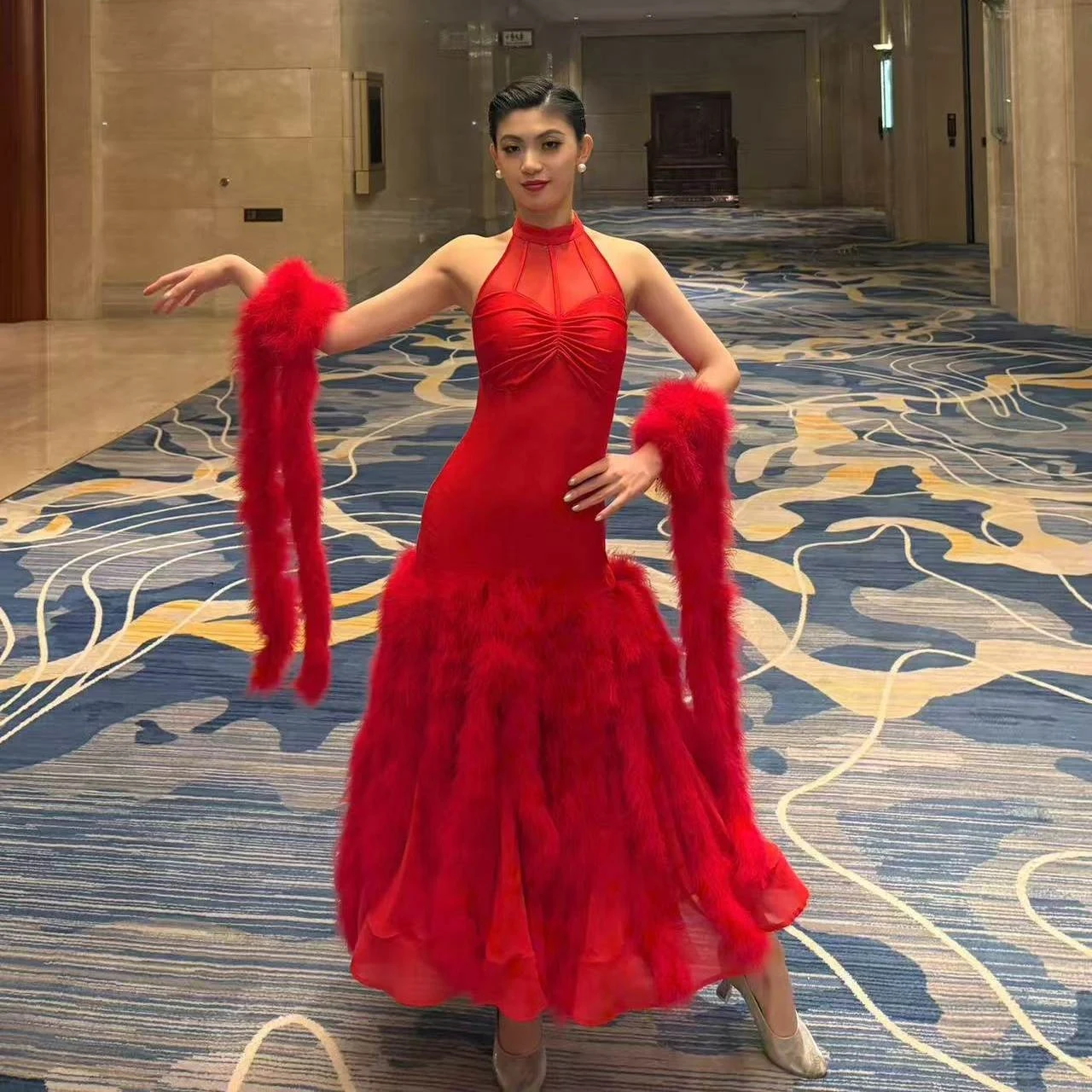 Red Feather Ballroom Dance Competition Dress Women Prom Party Luxury Dress Waltz Dance Costume Tango Performance Dresses BL19969