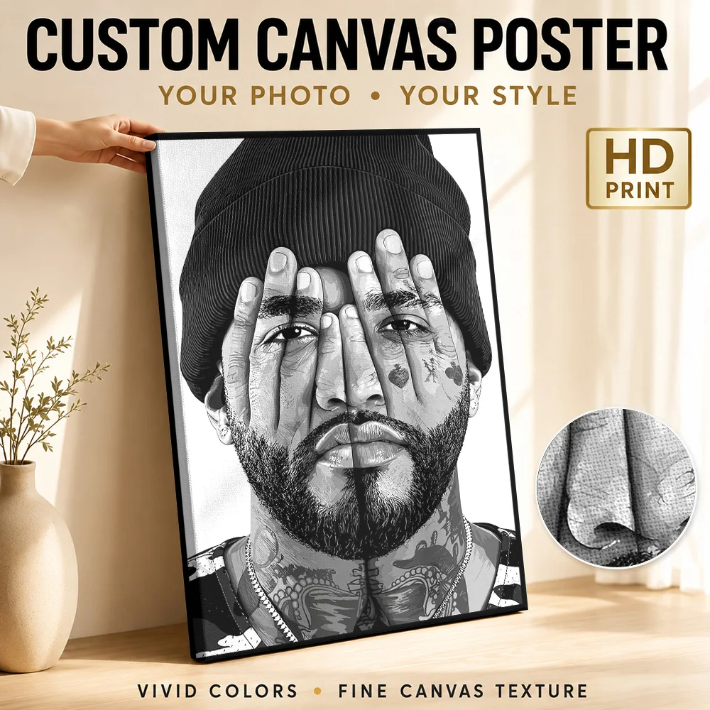 Man Hiding Face With Hands Canvas Poster Personalized Photo Monochrome Wall Art For Creative Studio, Portrait Collector Gift
