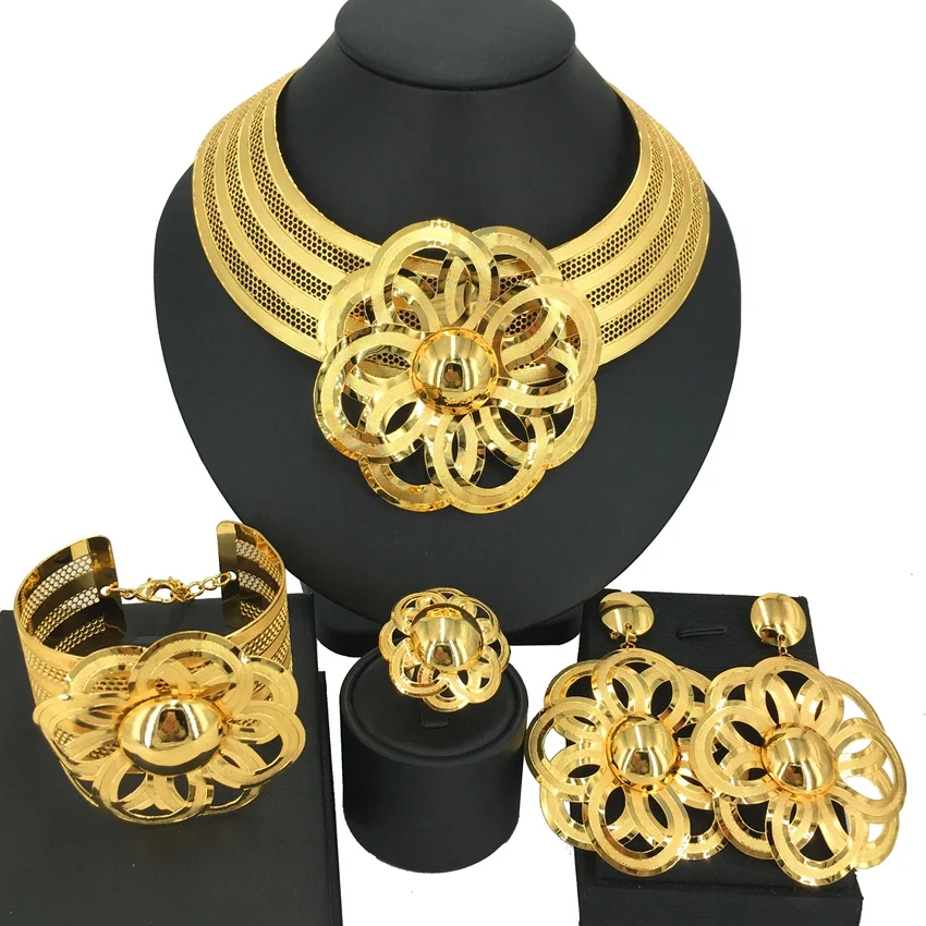 Fashion Brazilian Gold Plated Jewelry Set All Copper Material Hollow Surround Necklace Simple Flower Style FHK14098