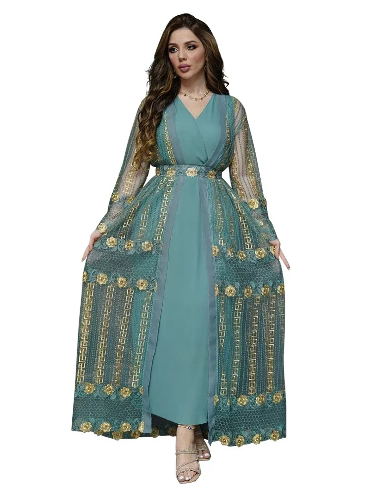 Eid Muslim Party Dress Women Caftan Abaya 2 Piece Set Embroidery Ramadan Abayas Kaftan Vestidos Cardigan Robe Dubai Arab Turkey