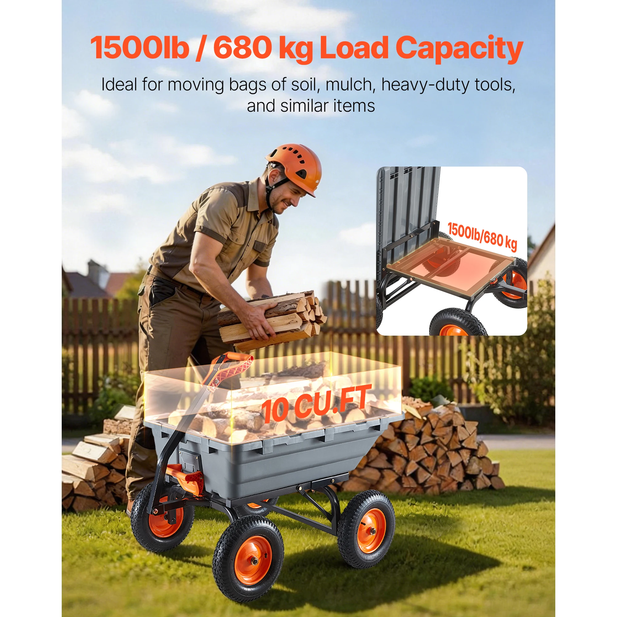 Garden Dump Cart, 1500 lbs Poly Dump Cart, Garden Carts Dumps Wagon with 90 °   Quick-Dumps Mechanism, 270 °   Flexible Rotating Bearings, Adjustable Handle, Yard Wagon for Plants, Soil, Crops